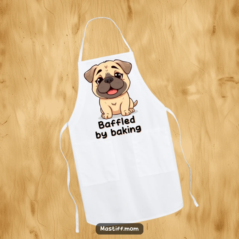 Funny kawaii Mastiff apron with a dog showcasing a slightly bewildered but happy expression, perfect for a humorous cooking session.