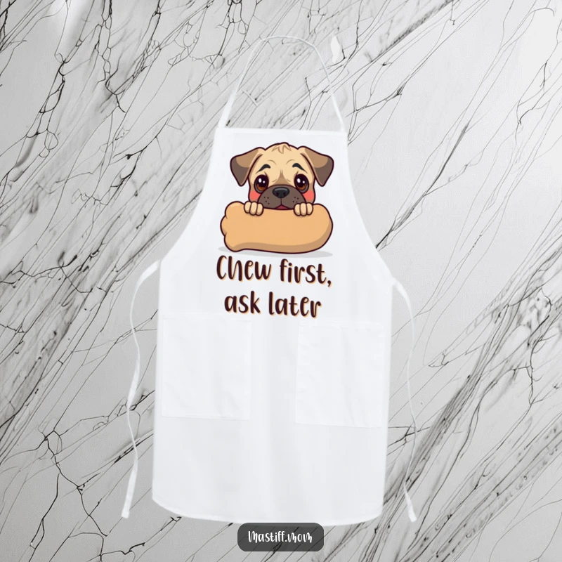 Funny Kawaii Mastiff Puppy Apron featuring a cute dog peeking out from behind a large chew toy, ready for kitchen duty.
