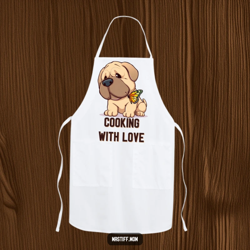 Funny Apron illustrating a giant, gentle Mastiff happily nuzzling a tiny, fluttering butterfly, perfect for a kind and tender cook.