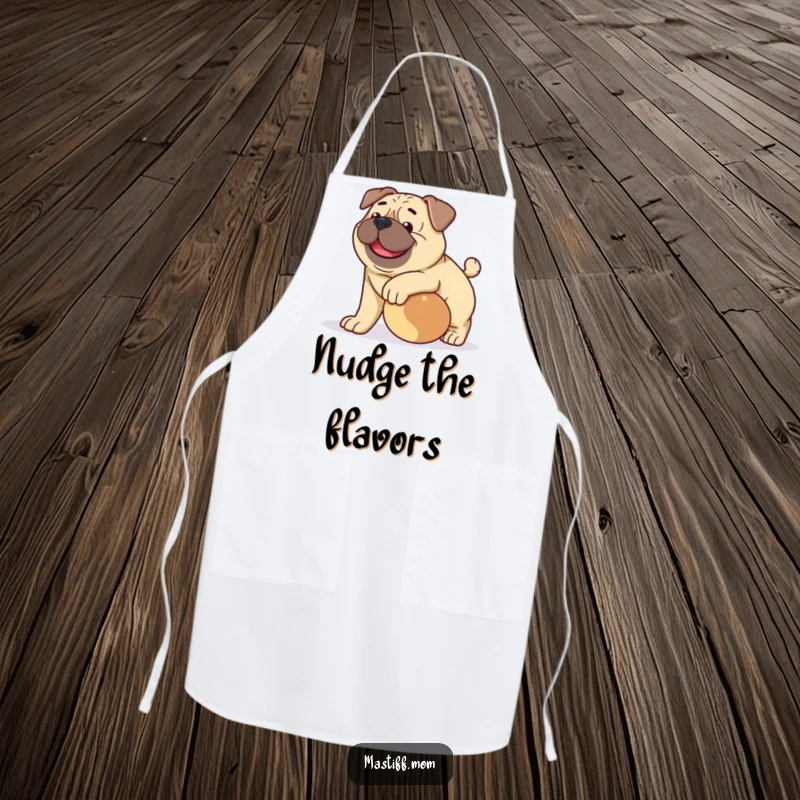 Funny happy Mastiff dog apron, showcasing a gentle dog playfully nudging a ball, perfect for kitchen fun.