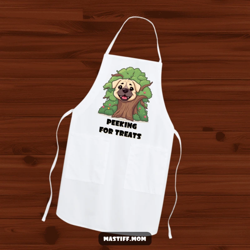 Funny happy Mastiff dog apron, showcasing a cute dog peeking from behind a tree, perfect for kitchen fun.