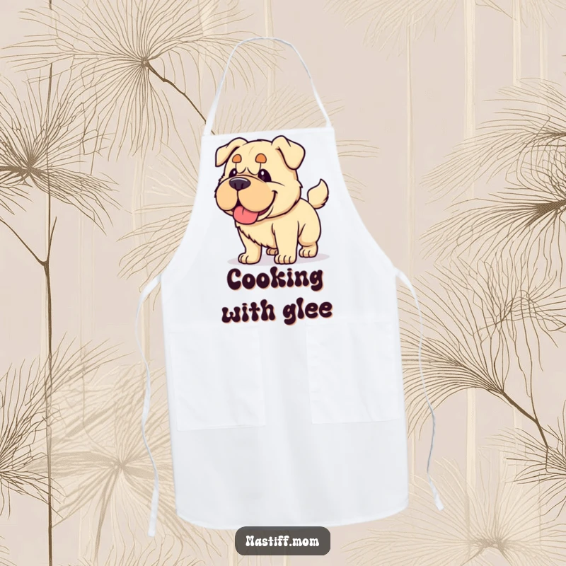 Funny Kawaii Mastiff apron, showing a dog panting happily and wagging its tail powerfully, adding a humorous and energetic touch to cooking.