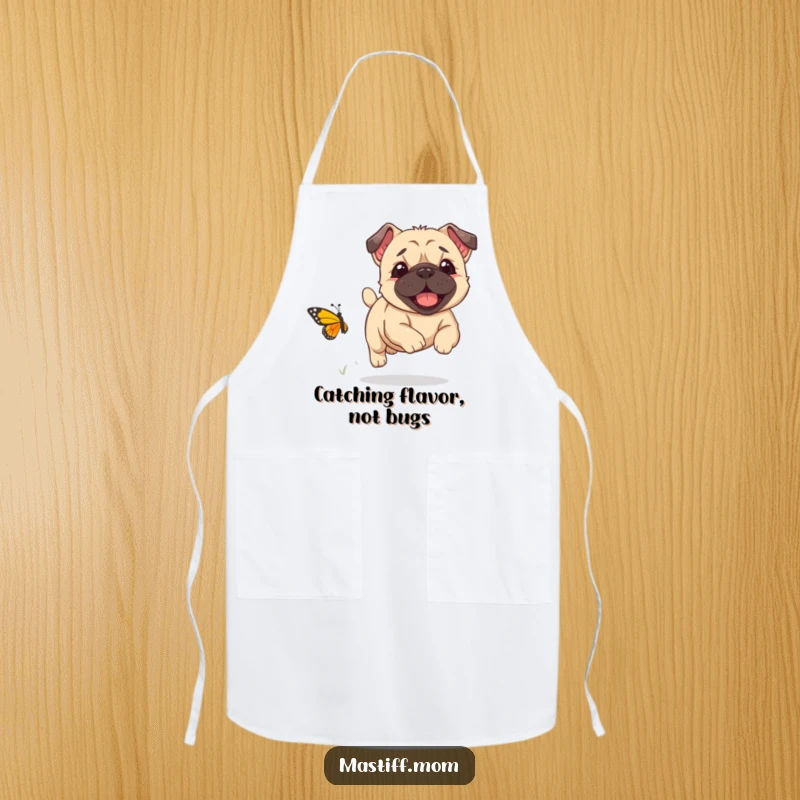 Funny Kawaii Mastiff puppy joyfully chasing a small butterfly, on a practical kitchen apron, a useful funny gift.