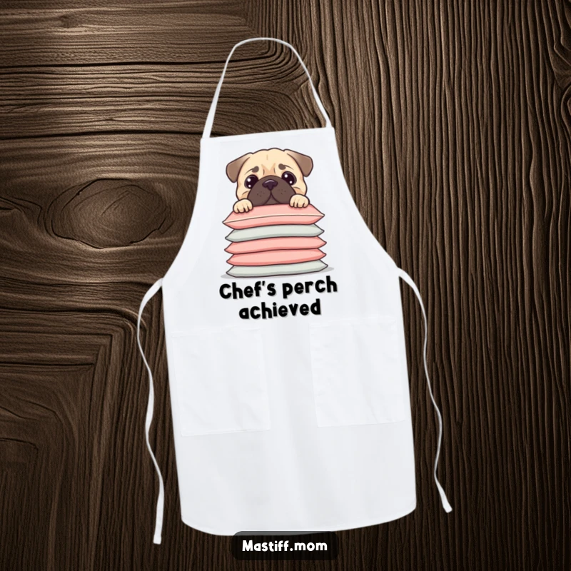 Funny Kawaii Mastiff peeking over a tall stack of cushions, on a practical kitchen apron, a useful funny gift.