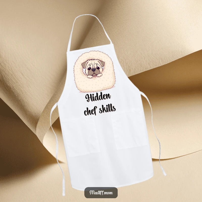 Funny Kawaii Mastiff apron showing a curious dog peeking from behind a large, fluffy blanket, perfect for kitchen fun.