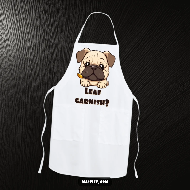 Funny Kawaii Mastiff apron, curious head tilt, watching a falling leaf, bringing humorous thoughtfulness to kitchen duties.
