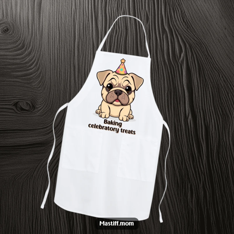 Funny Kawaii Mastiff Puppy Apron design of a happy puppy wearing a small, slightly crooked party hat, ready for a celebration.