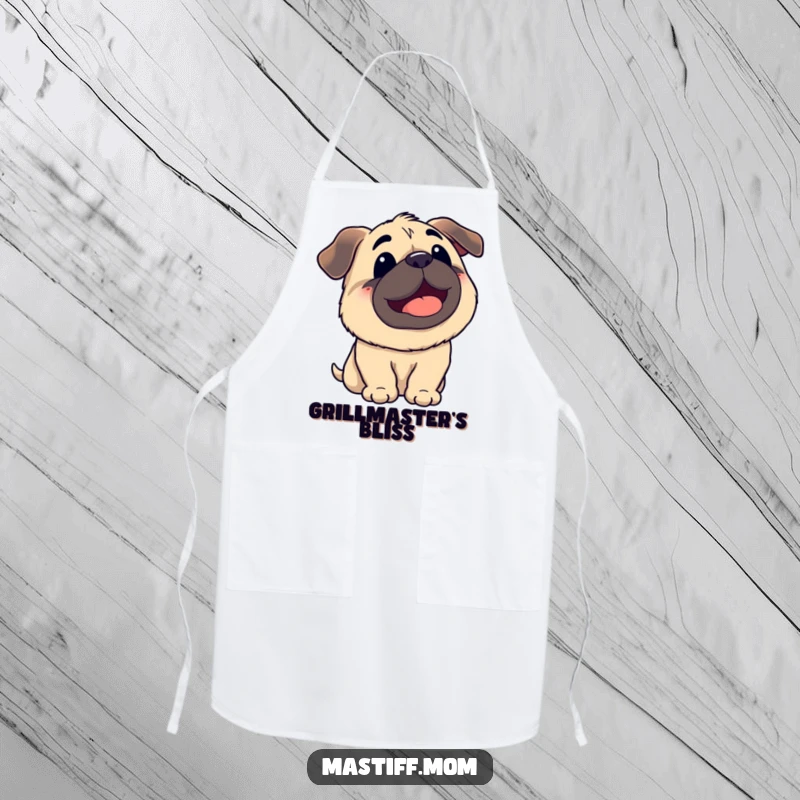 Funny Kawaii Mastiff Panting Looking Up at Sky Apron, kitchen apparel, cute dog graphic, humorous cooking accessory.