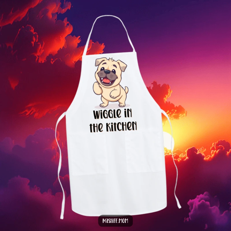 Funny Kawaii Mastiff Apron showing a dog doing a happy, wobbly wiggle while ready to cook.