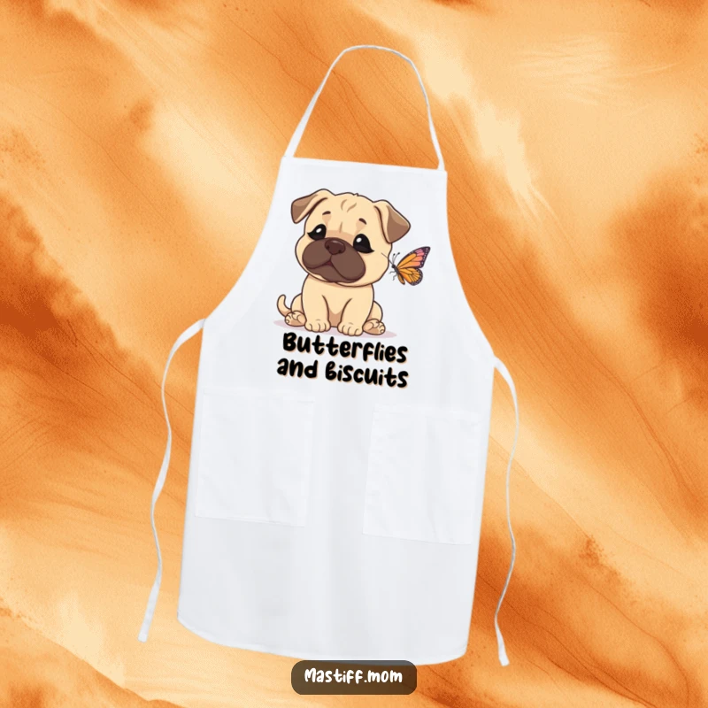 Funny Mastiff Apron with a dog looking astonished by a tiny butterfly, perfect for the humorous home cook.