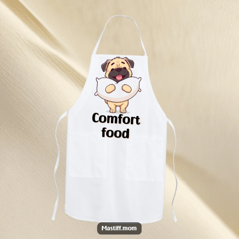 Funny Mastiff apron showing a cheerful dog prepared to carry a big, soft pillow while cooking.