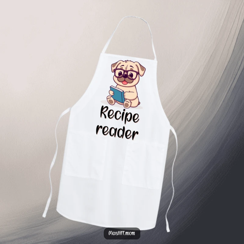 Funny Mastiff apron with a happy dog wearing reading glasses, holding a book while cooking.