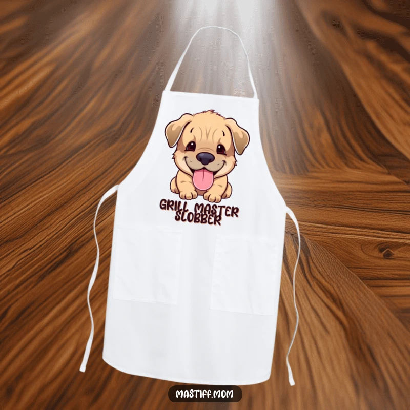 Funny Mastiff cub apron showing a happy puppy ready to cook, bringing smiles and a touch of humor to the kitchen.