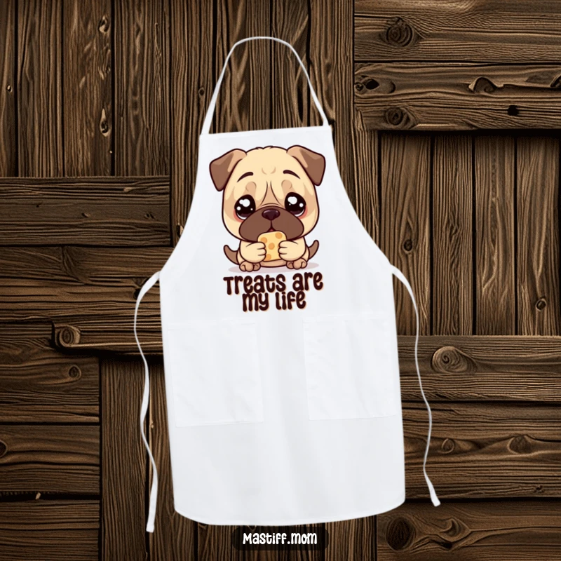 Funny Mastiff Treat Apron, showing a kawaii mastiff with large, pleading eyes, holding a single treat, perfect for kitchen protection.