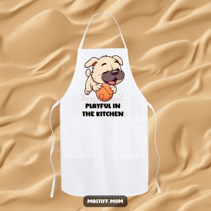 Funny Mastiff dog playfully chasing a rolling ball, a functional and humorous apron for active individuals.