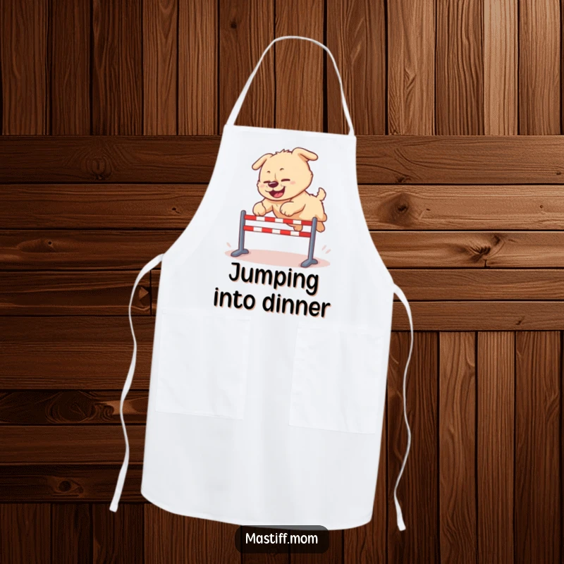 Funny Kawaii Mastiff apron, showing a dog mid-clumsy leap over a hurdle, adding a humorous and spirited touch to cooking.
