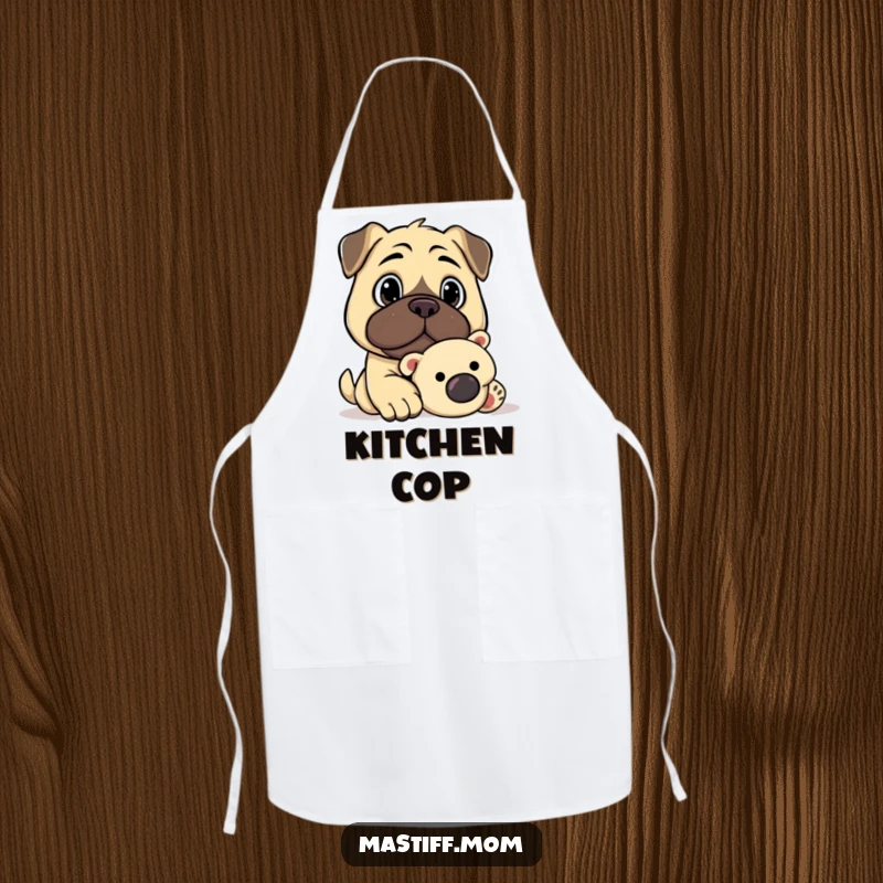 Funny Kawaii Mastiff Watchful Gaze Guarding Plush Toy Apron, kitchen apparel, cute dog graphic, humorous cooking accessory.