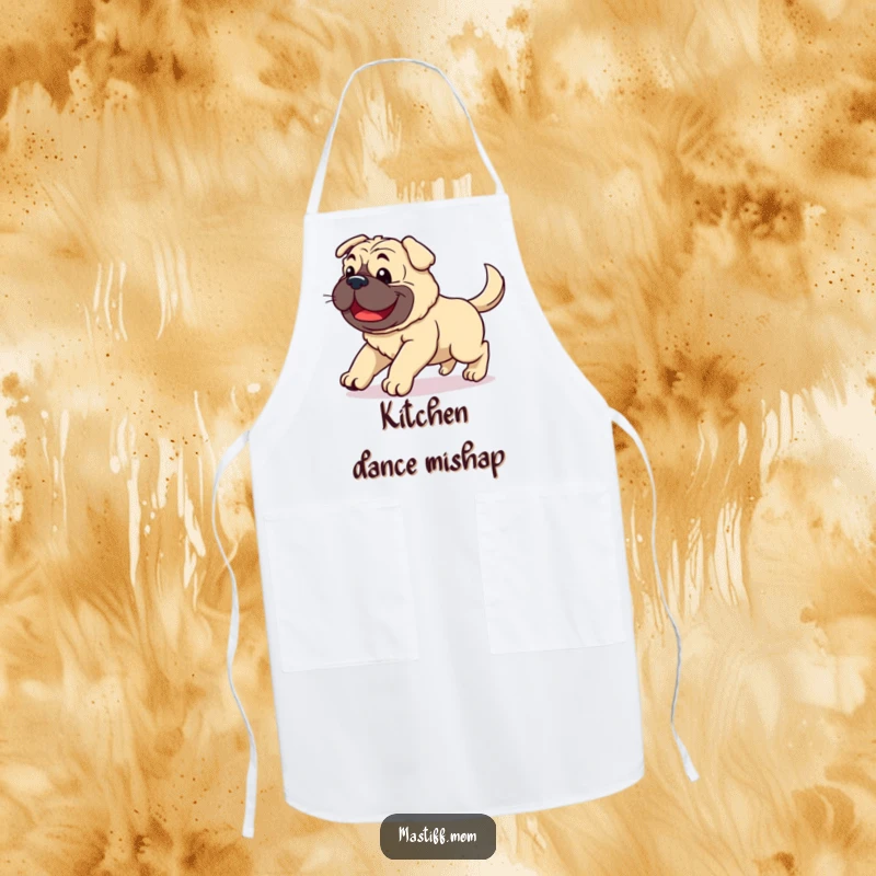 Funny Kawaii Mastiff apron showing a clumsy joyful dog stumbling with a wagging tail, perfect for kitchen fun.
