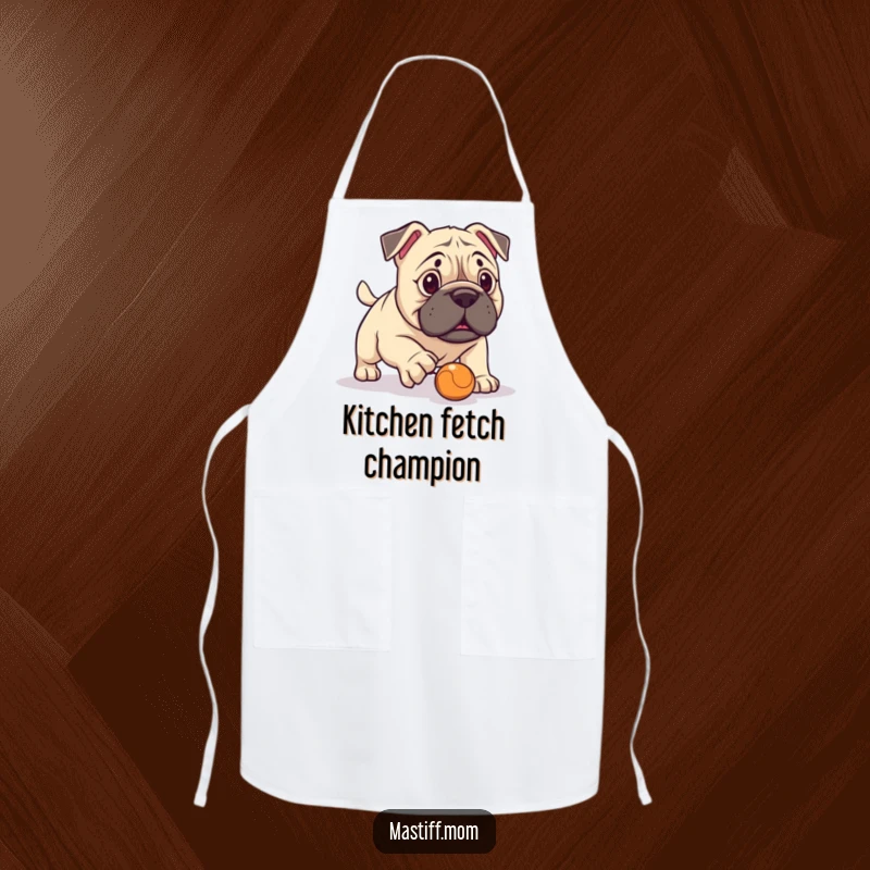 Funny Kawaii Mastiff Apron, hilariously attempting fetch with a minuscule ball, ideal for kitchen protection. A humorous and functional garment.