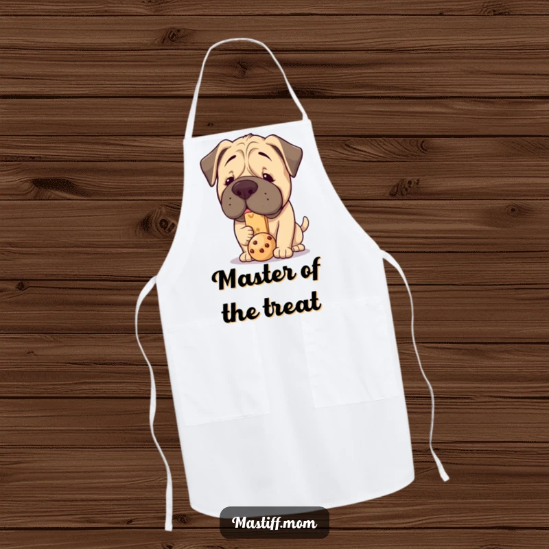 Funny Kawaii Mastiff Apron: A cute, plump mastiff concentrating on balancing a treat on its snout while cooking, for kitchen fun.