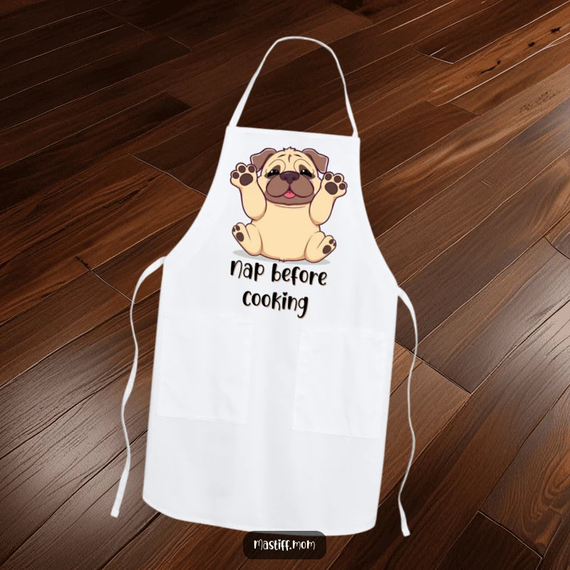 Funny Kawaii Mastiff Rolling Onto Back Paws in Air Apron, kitchen apparel, cute dog graphic, humorous cooking accessory.