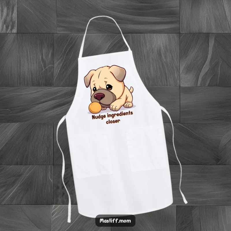 Funny Kawaii Mastiff apron, a kitchen accessory with a cute big dog gently nudging a small object, adding humor.