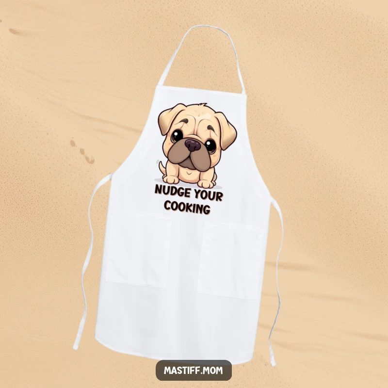 Funny Kawaii Mastiff Apron, depicted giving a gentle nudge with its oversized head, perfect for kitchen fun. A humorous and protective garment.