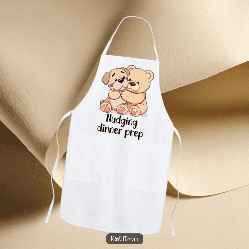 Funny apron illustrating a Mastiff dog gently nudging a giant teddy bear, perfect for a heartwarming kitchen accessory.