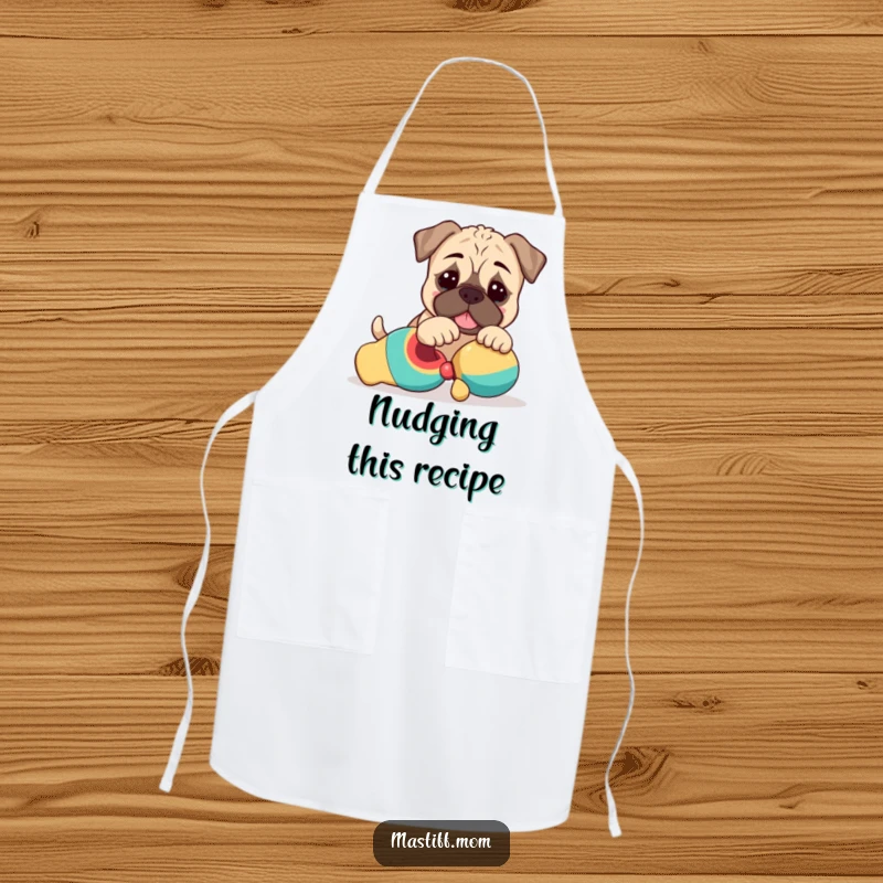 Funny Kawaii Mastiff Puppy Apron showing a cute dog playfully nudging a toy, perfect for kitchen fun.