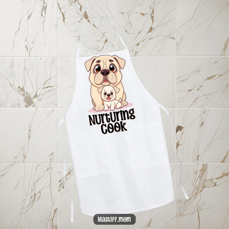 Funny Kawaii Mastiff apron, with loving eyes, nudging a small, happy puppy, humorous kitchen wear.
