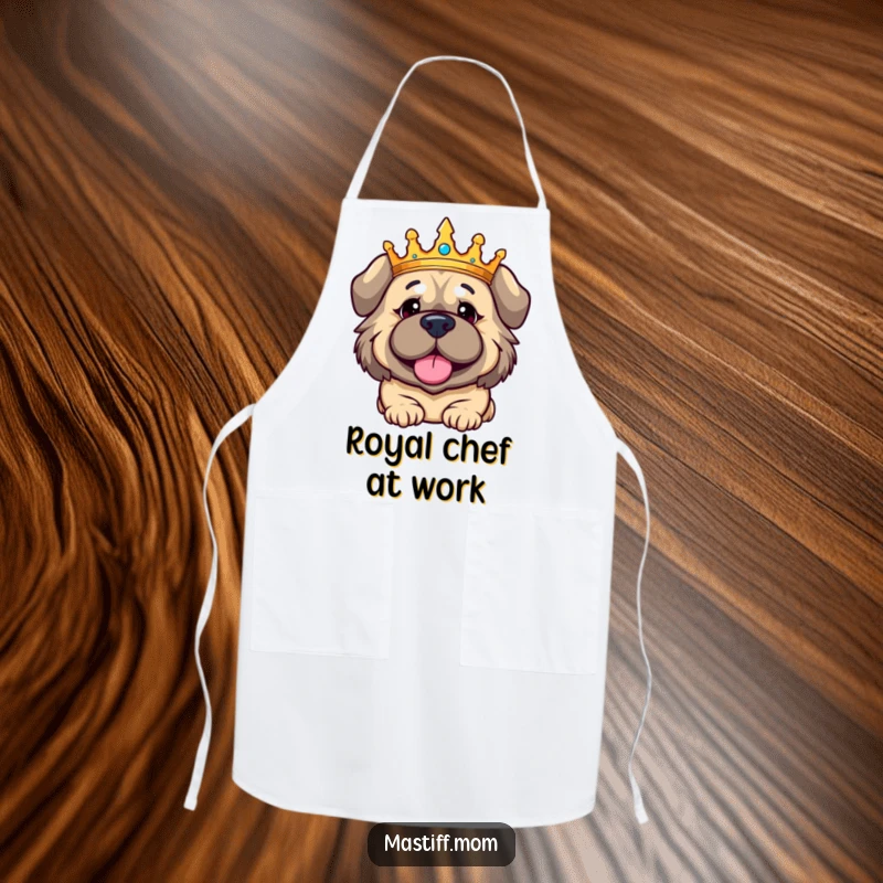 Funny Kawaii Mastiff apron, showing a crowned dog with a regally amused expression, adding a humorous and dignified touch to cooking.
