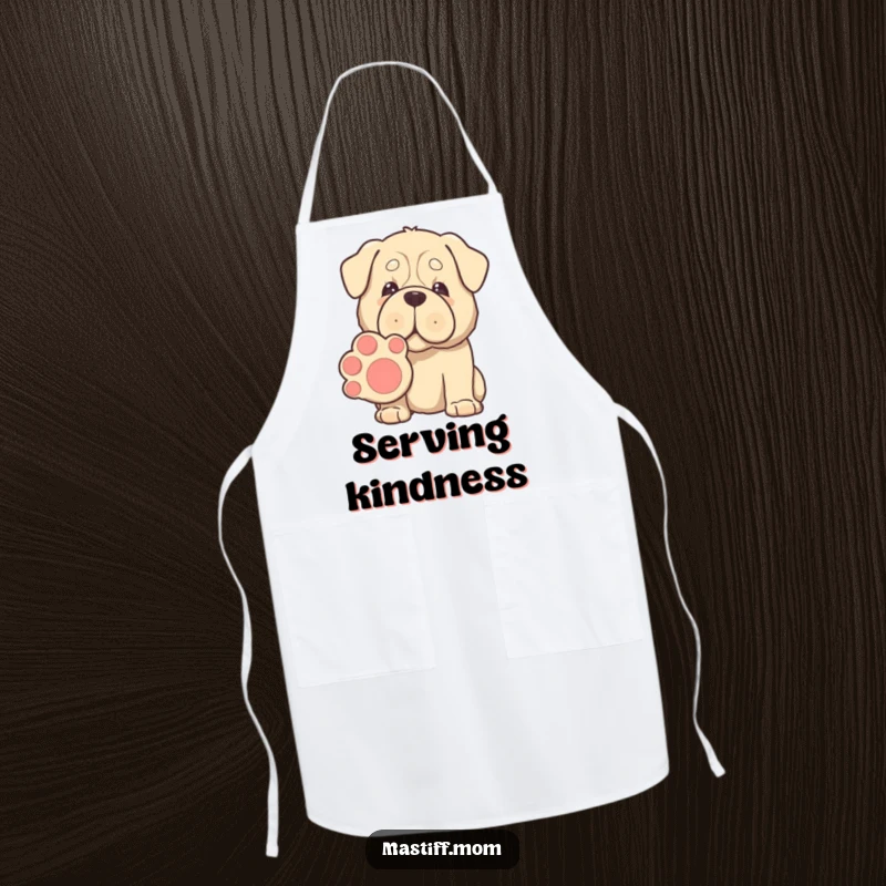 Funny Kawaii Mastiff apron, gentle eyes, offering a giant paw for shaking, bringing humorous warmth to kitchen duties.