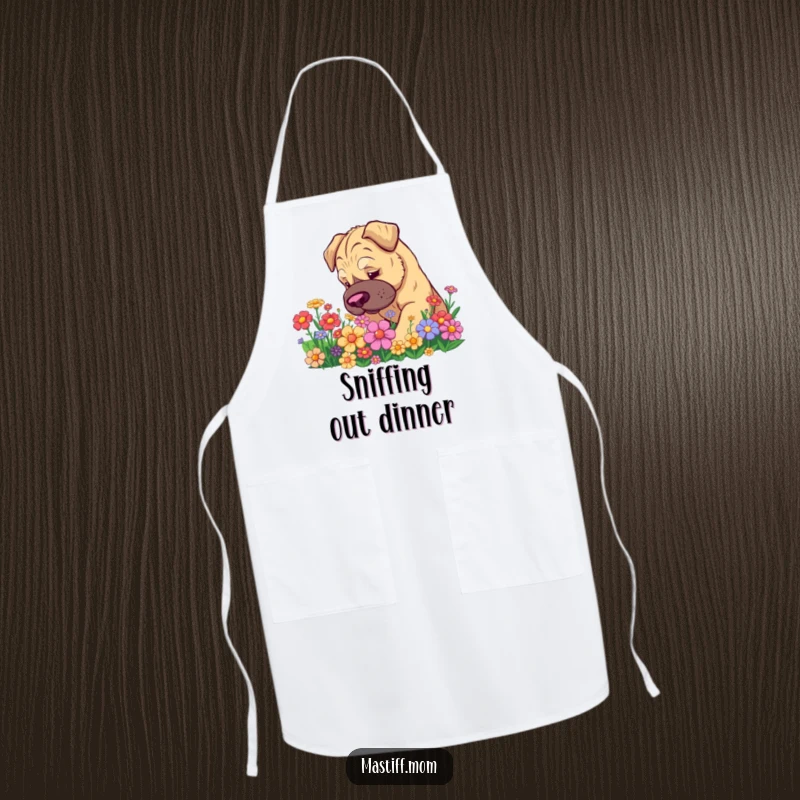 Funny Kawaii Mastiff Apron: Cute dog happily sniffing beautiful flowers, perfect for a humorous kitchen accessory.