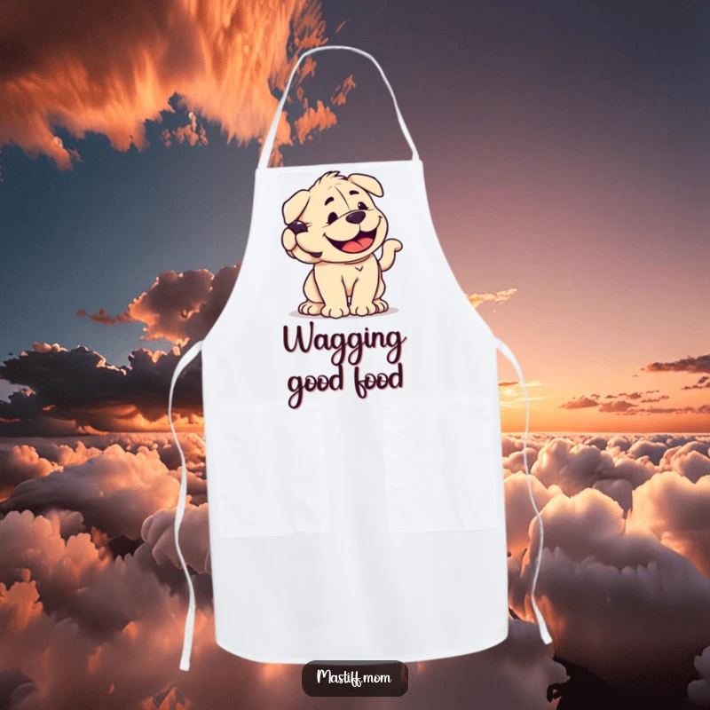 Funny kawaii Mastiff apron with a smiling dog wagging its tail with immense power, perfect for a joyful cooking experience.