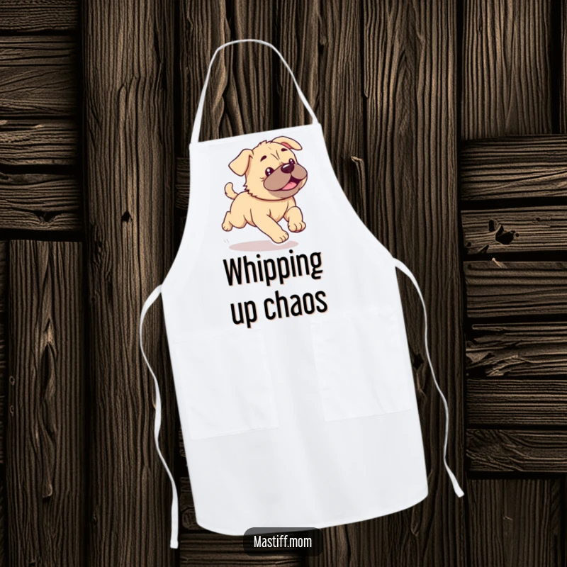 Funny Kawaii Mastiff Puppy Apron showing a cute, energetic dog running with wiggles, perfect for kitchen fun.