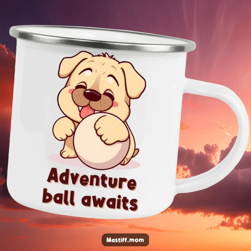 Funny Kawaii Mastiff camping mug, showing a silly dog with a grin and a ball, ideal for outdoor enthusiasts.
