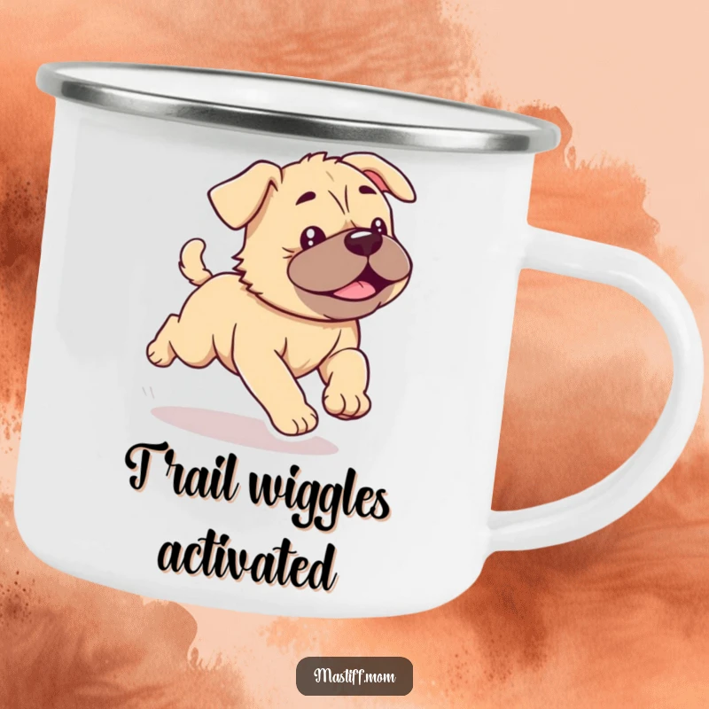 Funny Kawaii Mastiff Puppy Camping Mug with a cute, energetic dog running with wiggles, ideal for outdoor drinks.