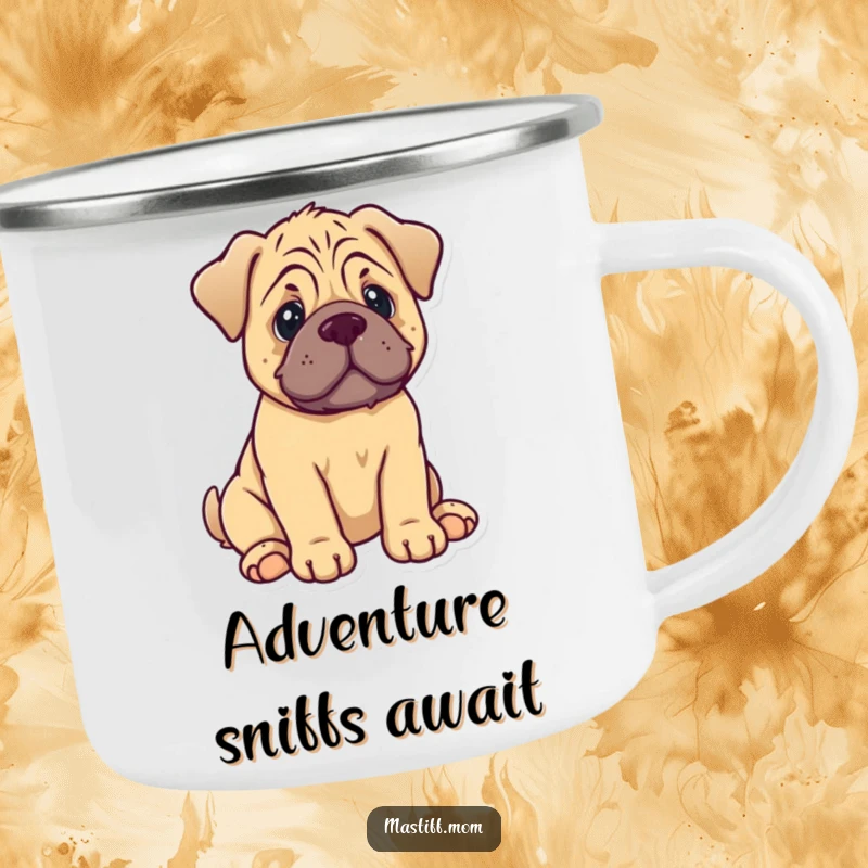 Funny Mastiff Puppy Camping Mug: A durable mug featuring a cute kawaii dog ready for the outdoors.