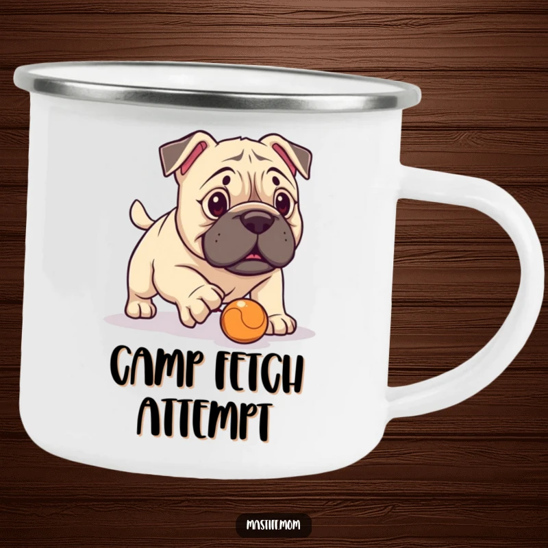 Funny Kawaii Mastiff Camping Mug, sturdy and humorous, depicts a Mastiff's funny fetch attempt with a tiny ball. A great gift for outdoorsy dog lovers.