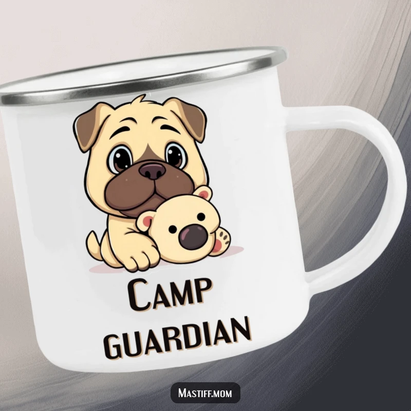 Funny Kawaii Mastiff Watchful Gaze Guarding Plush Toy Camping Mug, enamel mug, cute dog graphic, outdoor beverage cup.