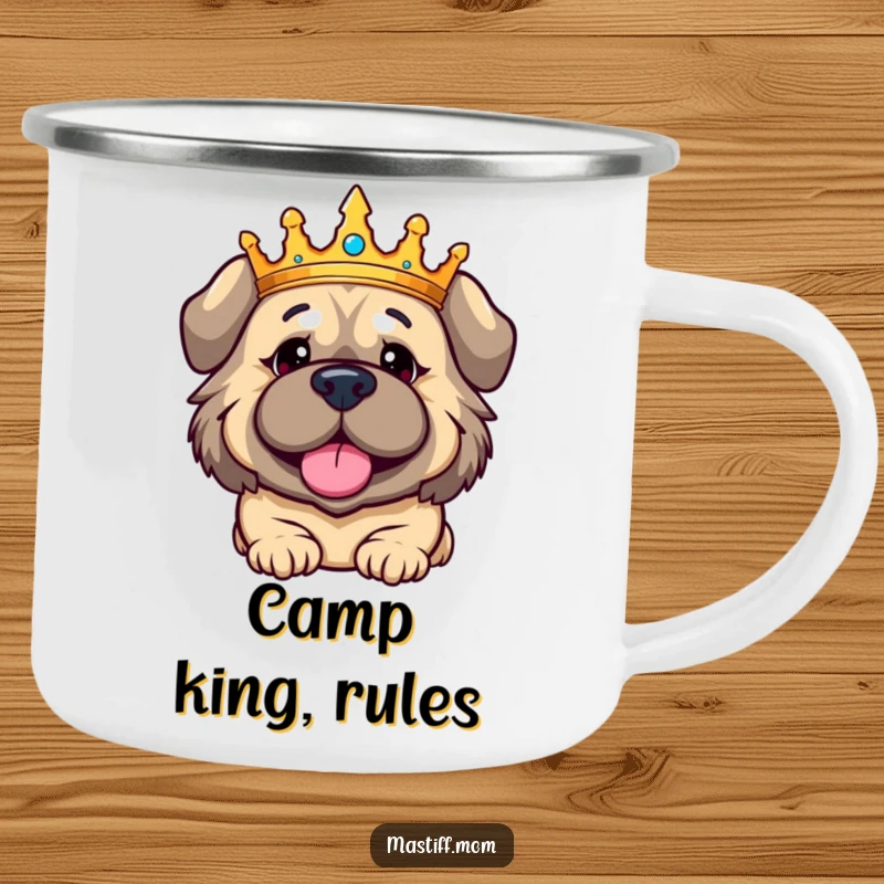 Funny Kawaii Mastiff camping mug, depicting a crowned dog regally amused, perfect for enjoying beverages with a touch of royal flair.