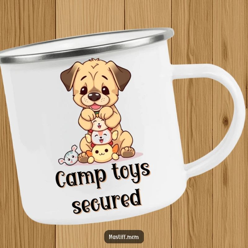 Funny, playful Mastiff cub balancing a stack of tiny squeaky toys, ready for outdoor fun on a sturdy camping mug.