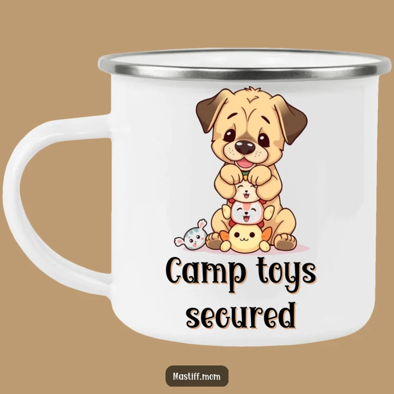 Enjoy your outdoor excursions with this sturdy camping mug, featuring a Mastiff cub balancing squeaky toys. Built for adventure and smiles.