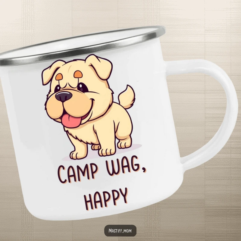 Funny Kawaii Mastiff camping mug, depicting a dog panting happily and wagging its tail with immense force, perfect for active outdoor use.