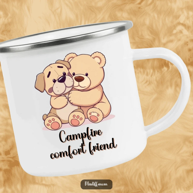 Funny camping mug featuring a Mastiff dog gently nudging a giant teddy bear, ready for outdoor relaxation and smiles.
