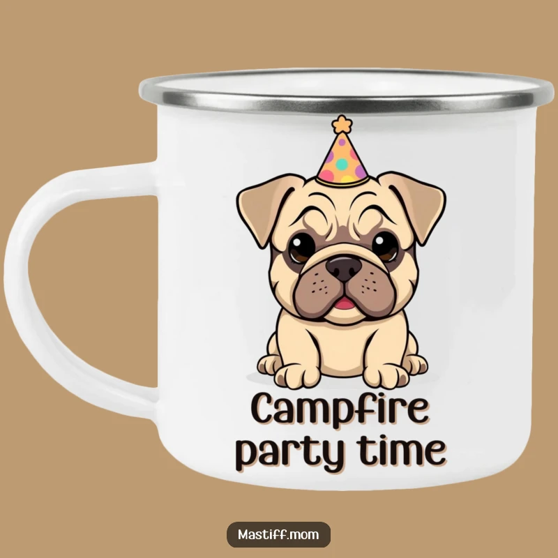 Funny Kawaii Mastiff Puppy Party Hat Camping Mug: Festive Pup Outdoor Cup
