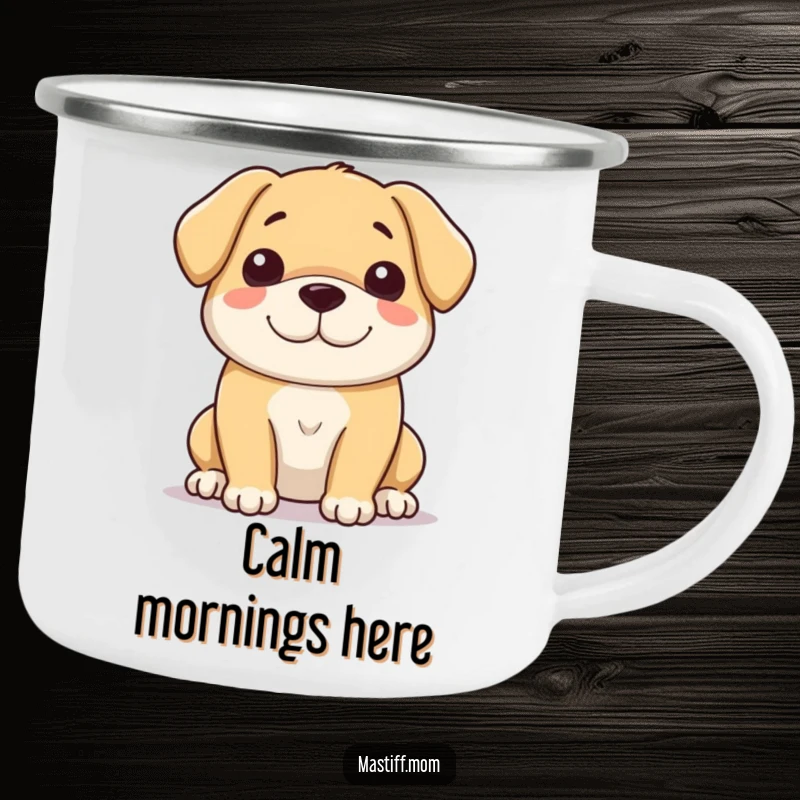 Funny camping mug featuring a large, gentle dog with a soft, peaceful, and loving smile, ready for outdoor relaxation.