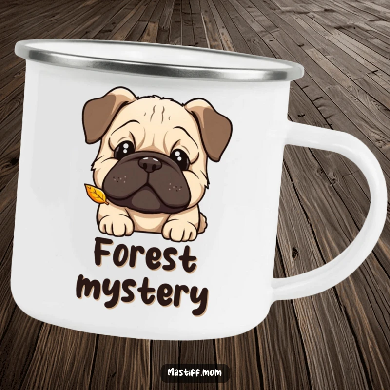 Funny Kawaii Mastiff camping mug, curious head tilt, watching a falling leaf, durable and humorous for outdoor contemplation.