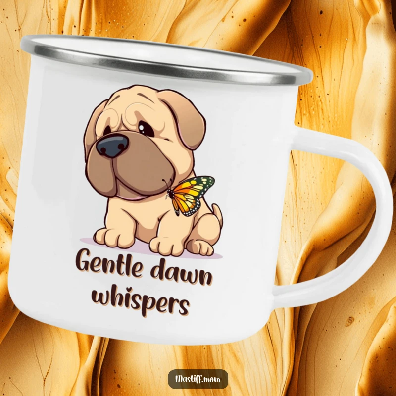 Funny Camping Mug showing a giant, gentle Mastiff happily nuzzling a tiny, fluttering butterfly, perfect for serene outdoor moments.