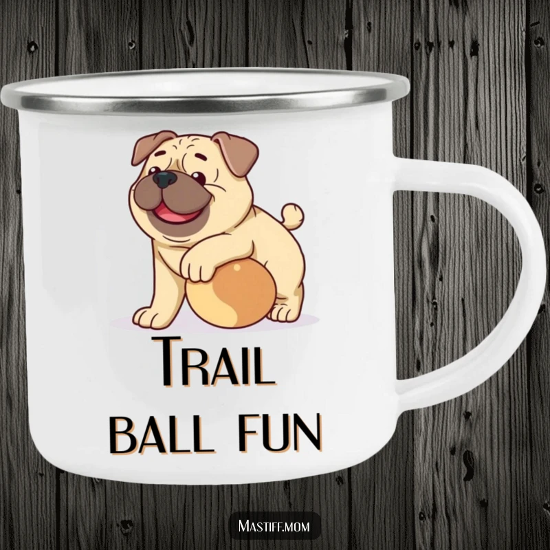 Funny happy Mastiff dog camping mug, designed for adventures, featuring a gentle dog nudging a ball.